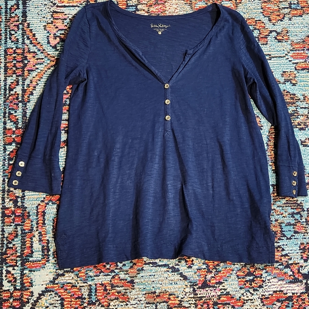 Lilly Pulitzer Pima Cotton Blue Henley Button Blouse
